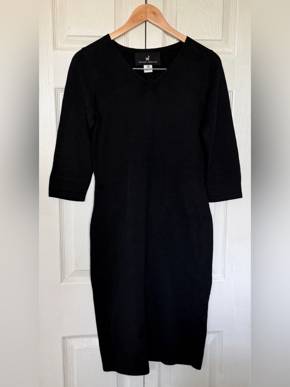 Peruvian Connection Black Pima Cotton Knit V-Neck Dress